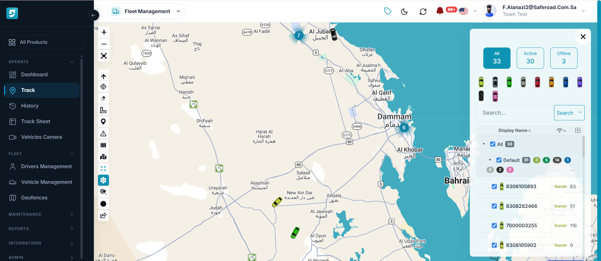 Saferoad V7 Web Platform - Live Fleet Map